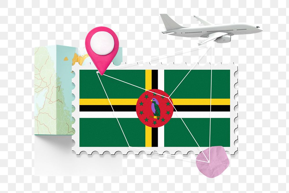 PNG Dominica travel, stamp tourism collage illustration, transparent background