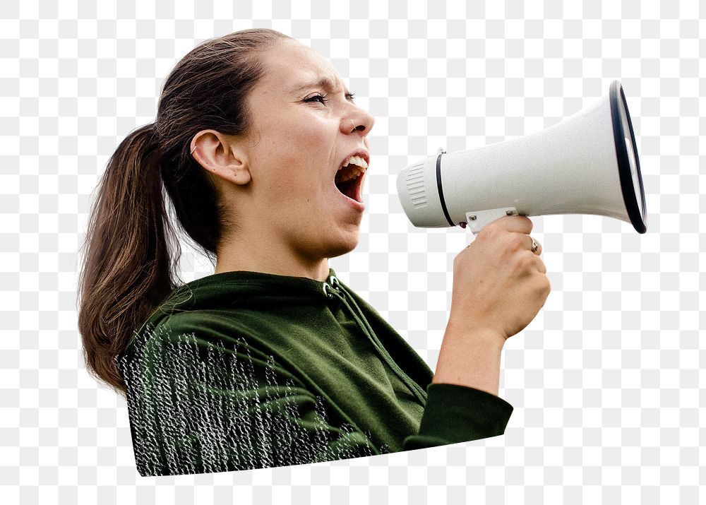 Png feminist shouting into megaphone, transparent background