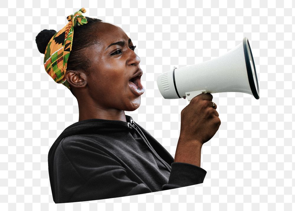 Png black woman shouting into megaphone, transparent background
