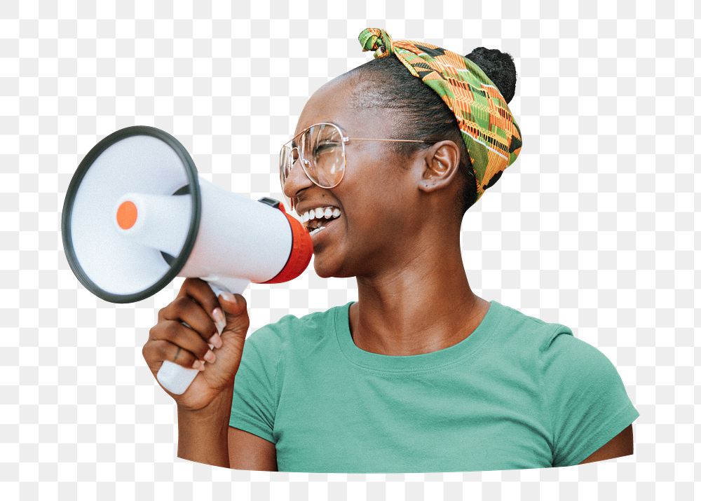 Png happy black woman with megaphone, transparent background