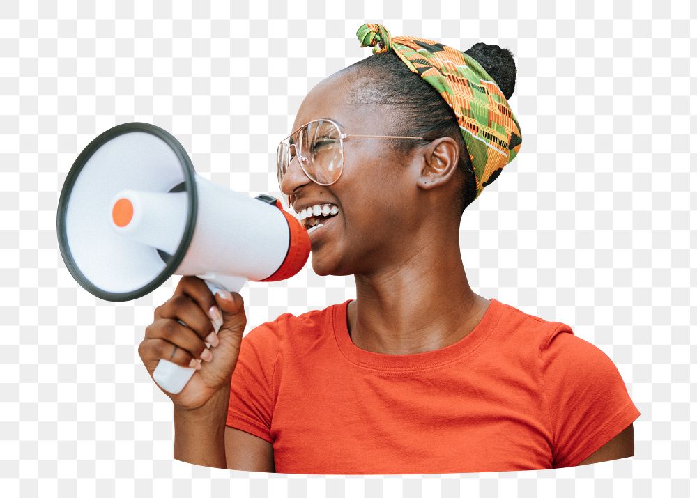 Png joyous black woman with megaphone, transparent background