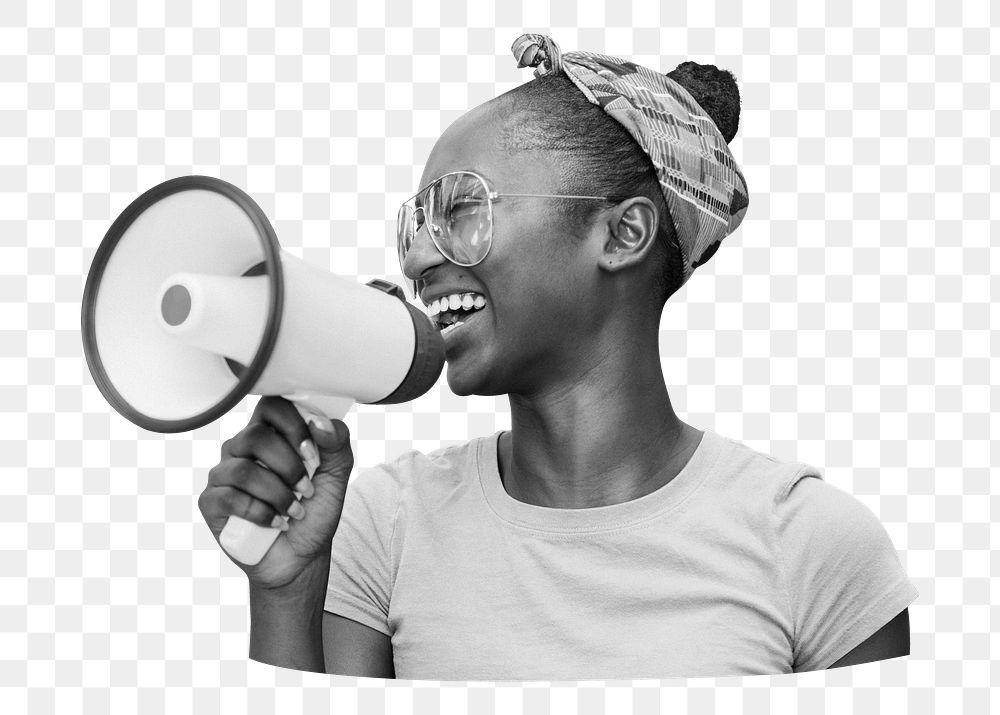 Png black woman with megaphone in black & white, transparent background
