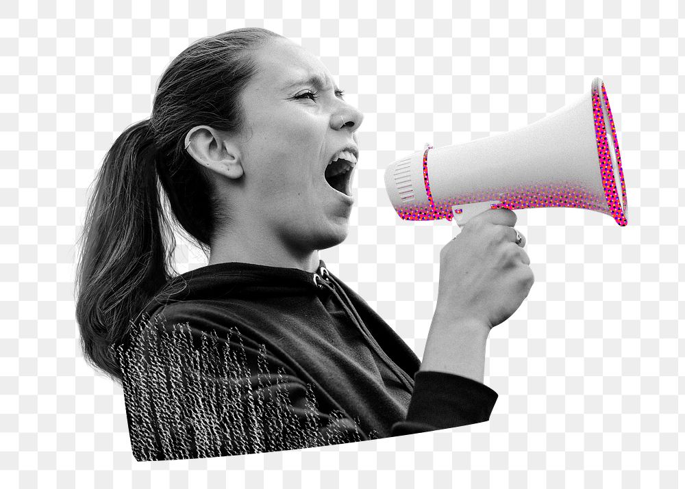 Png feminist protesting pink megaphone, transparent background