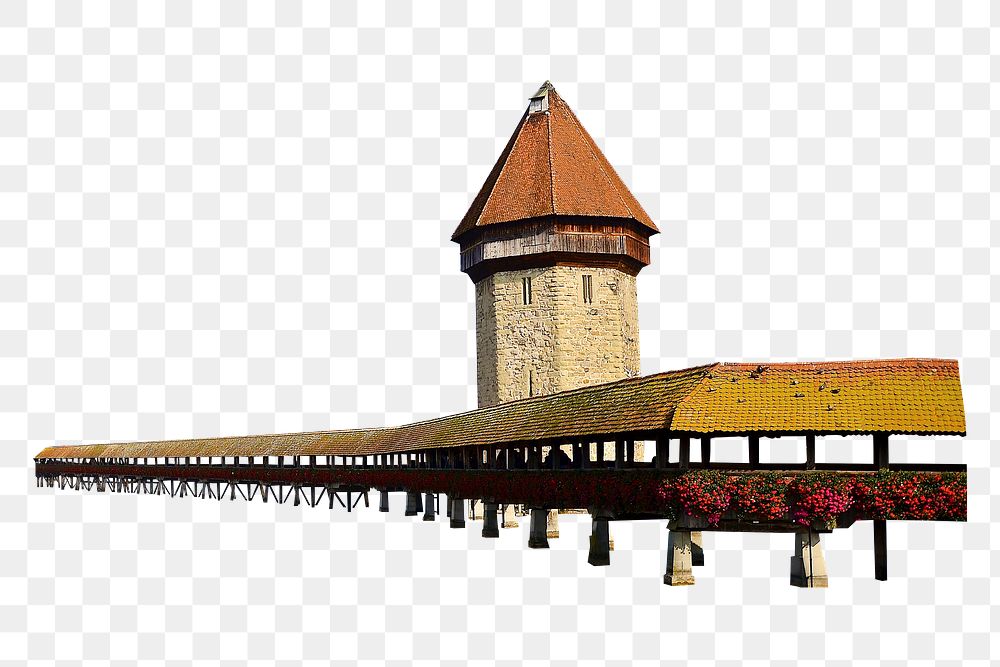 Png chapel bridge in Switzerland, transparent background