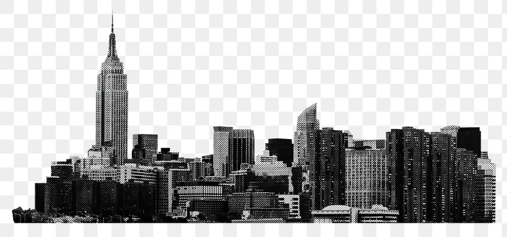 Png monochrome cityscape with skyscraper, transparent background
