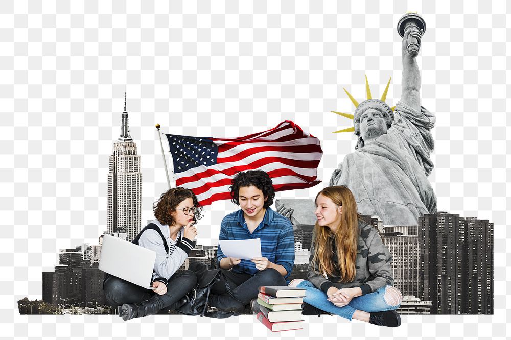 PNG Study in USA, education photo collage, transparent background
