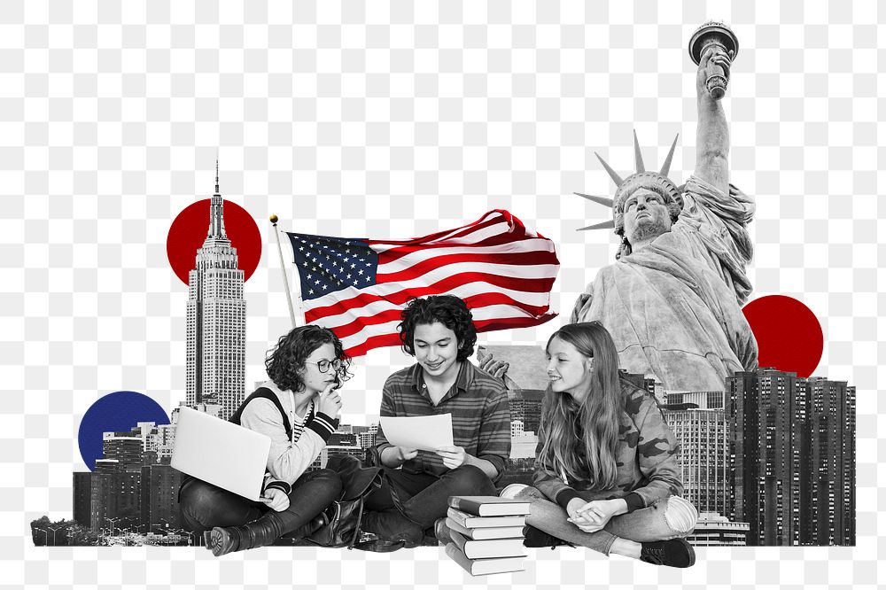 Study in USA png, education photo collage, transparent background