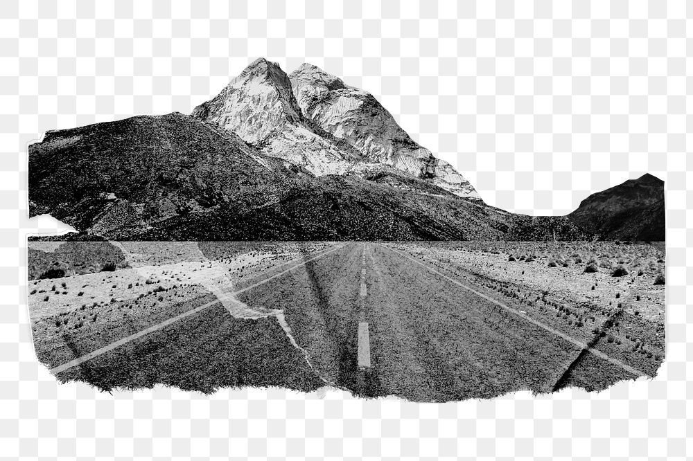 Png ripped paper Canyon road mixed media in black & white, transparent background