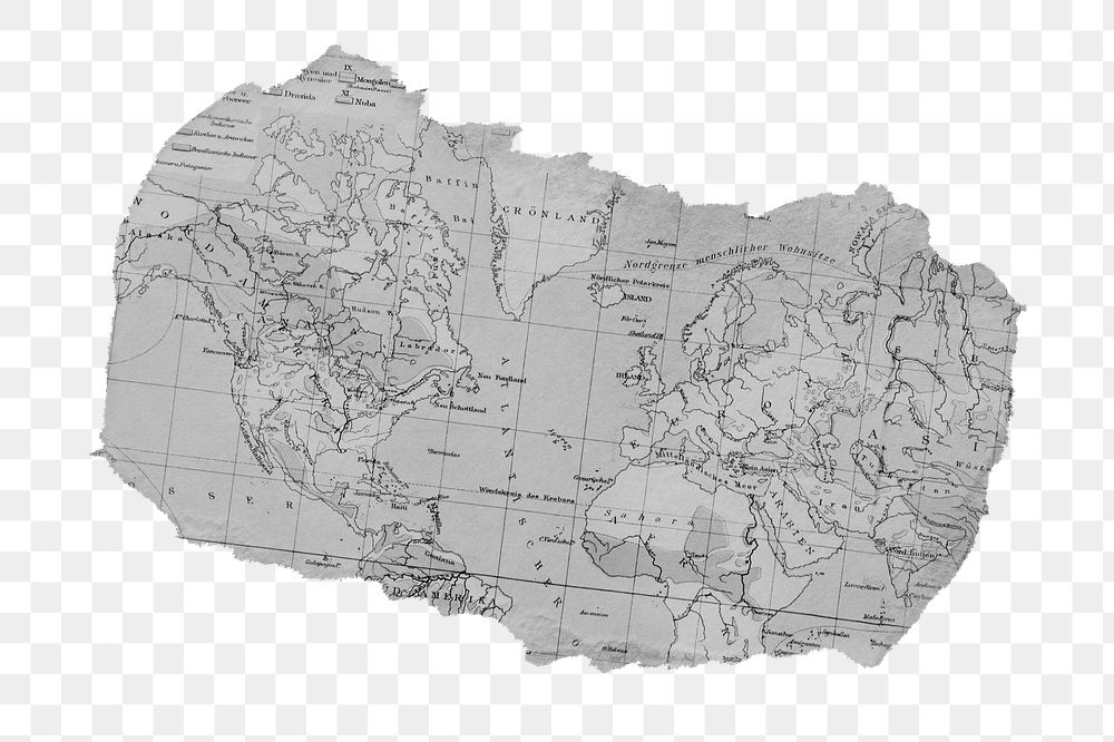 Png ripped paper world map monochrome, transparent background