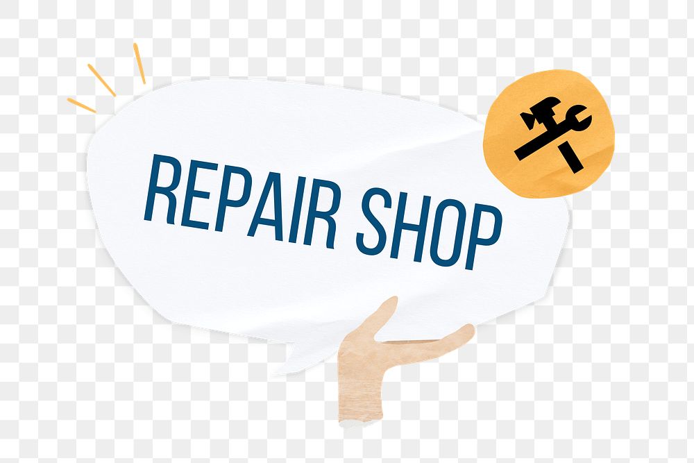 PNG Repair shop word, speech bubble paper craft, transparent background