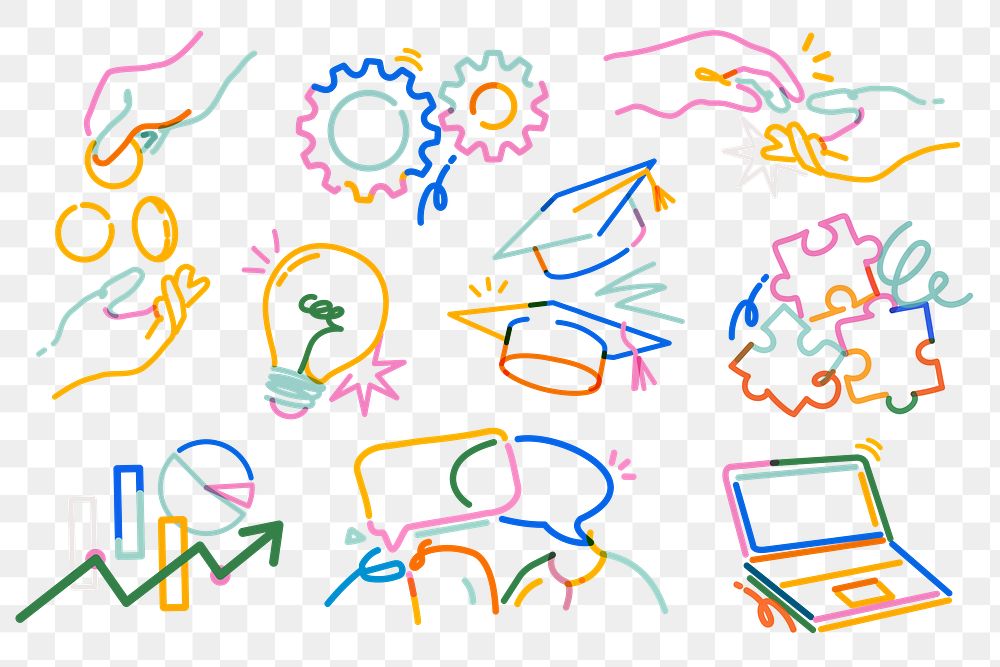 Png colorful business doodle collage elements set, transparent background