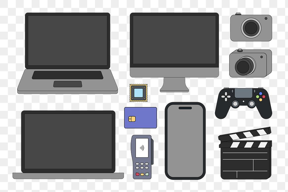 PNG Digital devices, laptop computer flat graphic set, transparent background