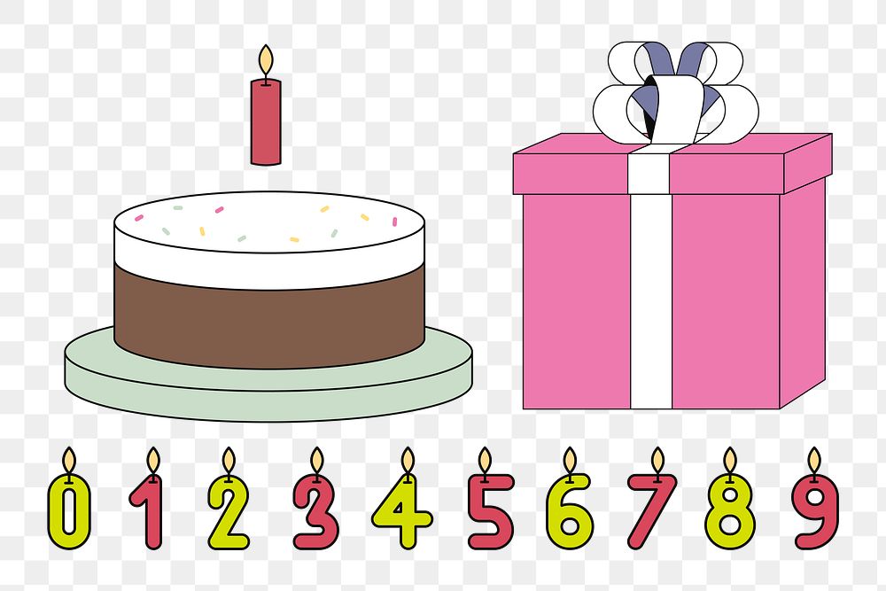 PNG Birthday cake & candles, flat graphic set, transparent background