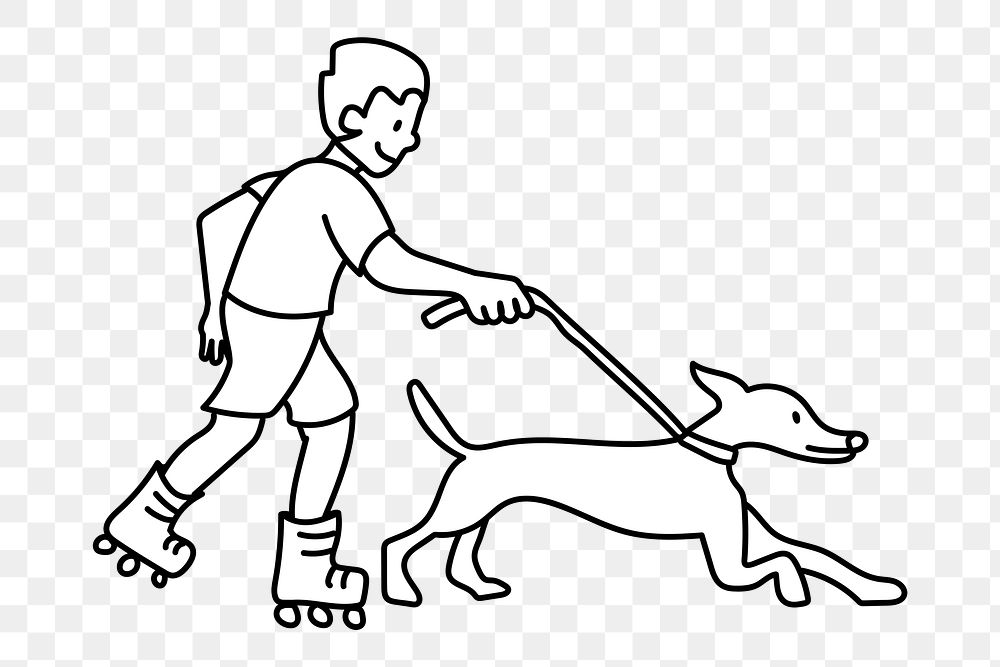 Png boy walking dog in roller skates doodle, transparent background