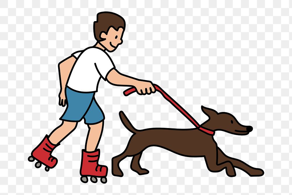 Png boy walking dog in roller skates doodle, transparent background