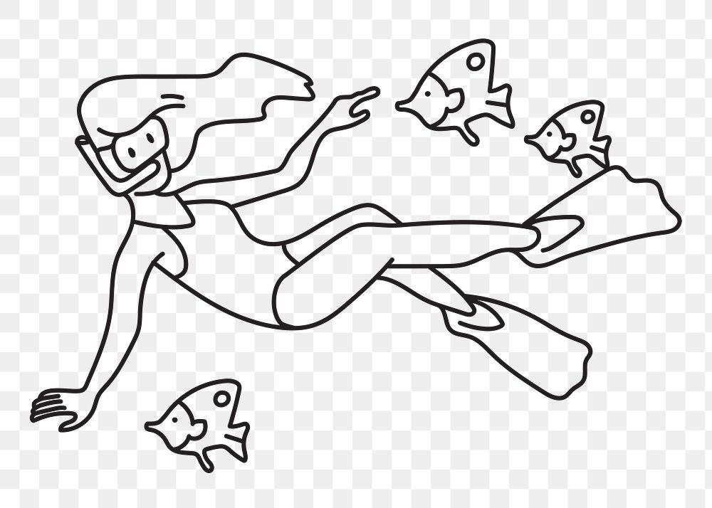 Png woman snorkeling with fish doodle, transparent background