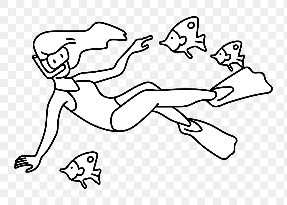 Png woman snorkeling with fish doodle, transparent background