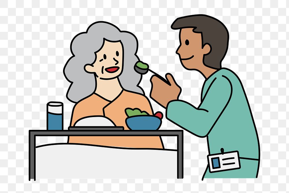 Png male nurse feeding elderly patient doodle, transparent background
