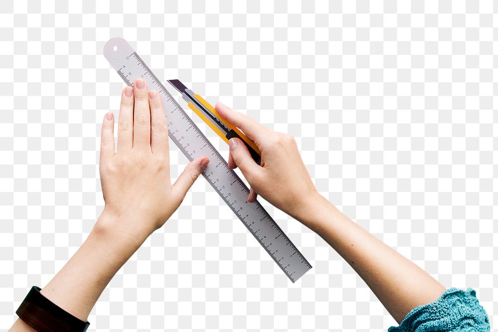 PNG Hands holding ruler and cutter, transparent background