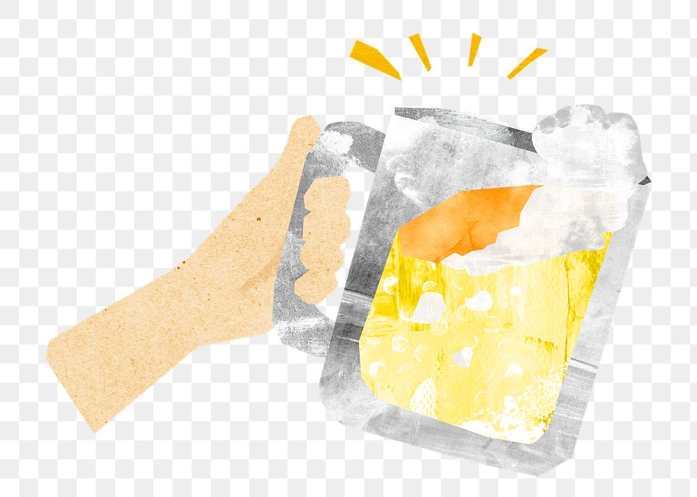 PNG Raised beer glass, drinks paper craft element, transparent background