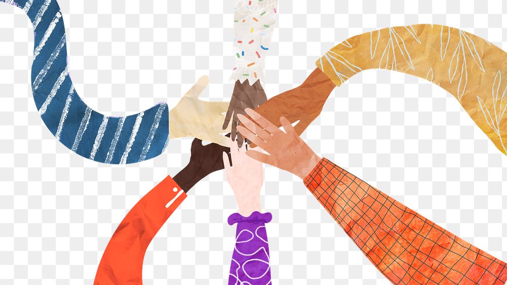 PNG Abstract diverse hands united, paper craft collage, transparent background