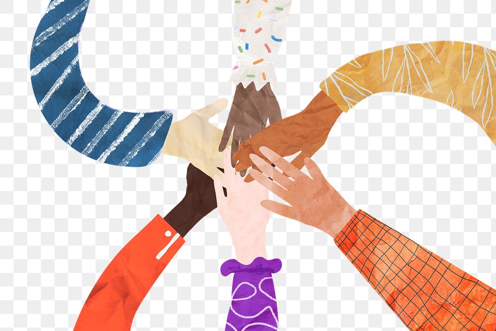 PNG Abstract diverse hands united, paper craft collage, transparent background