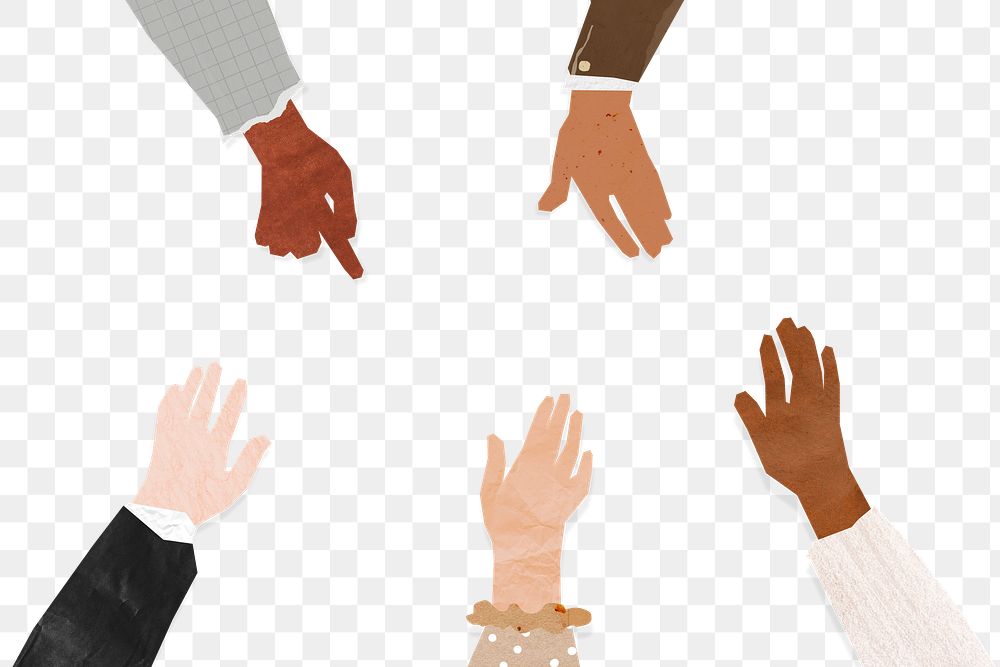 PNG Business diverse hands frame, united, paper craft collage, transparent background