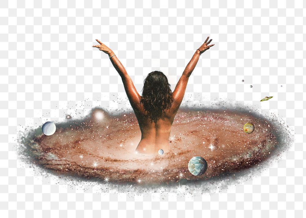 PNG Carefree woman space, Summer galaxy remix, transparent background