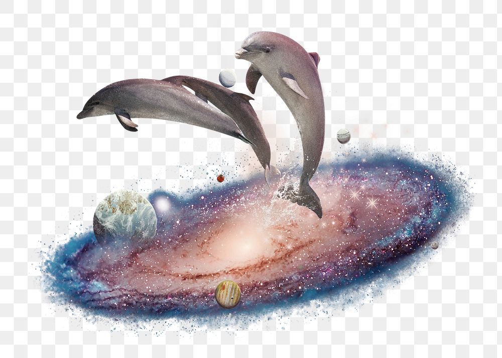 PNG Swimming dolphins, galaxy aesthetic remix, transparent background