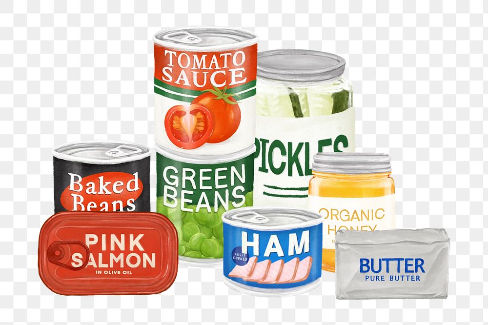 PNG Canned food, pickles, ham, sardine illustration, transparent background