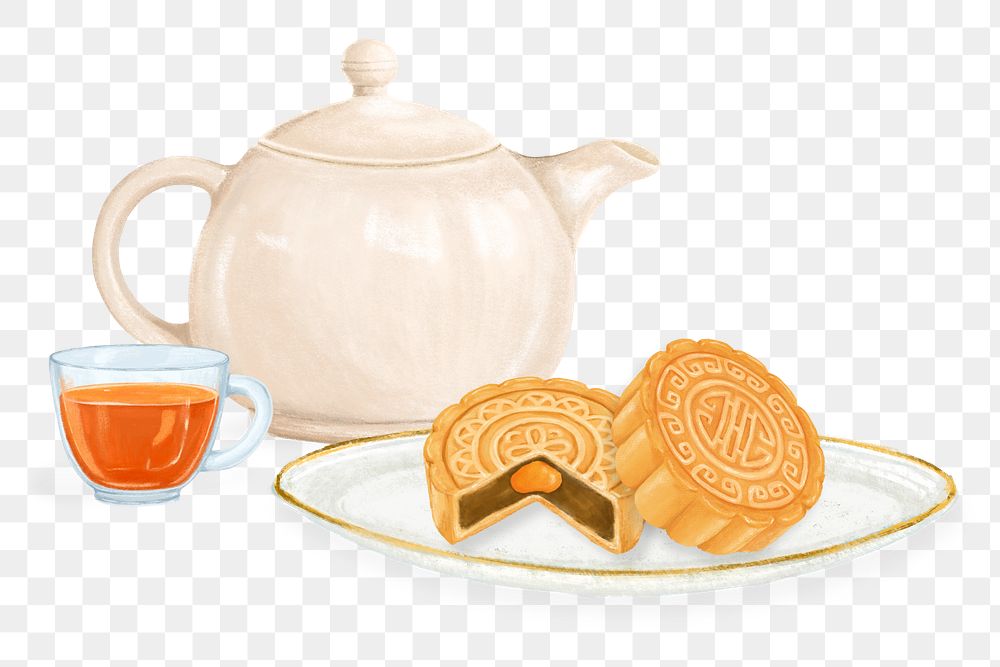 PNG Mooncake & tea, Chinese dessert illustration, transparent background