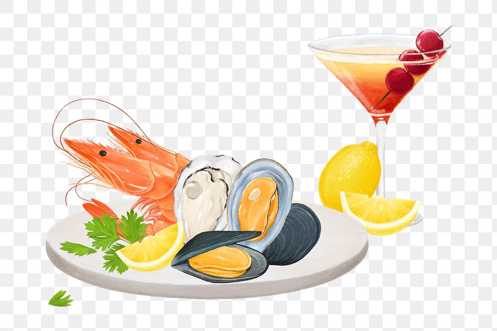 PNG Fresh seafood plate, food illustration, transparent background