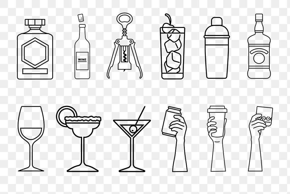 Hand & drink png line art set, transparent background