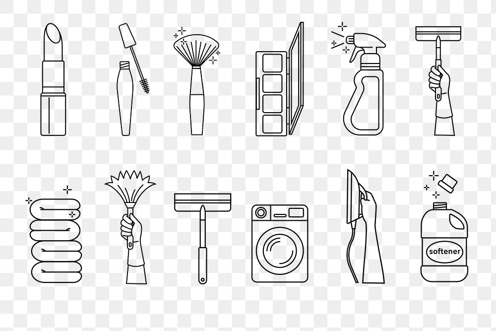 Beauty & chores png line art set, transparent background