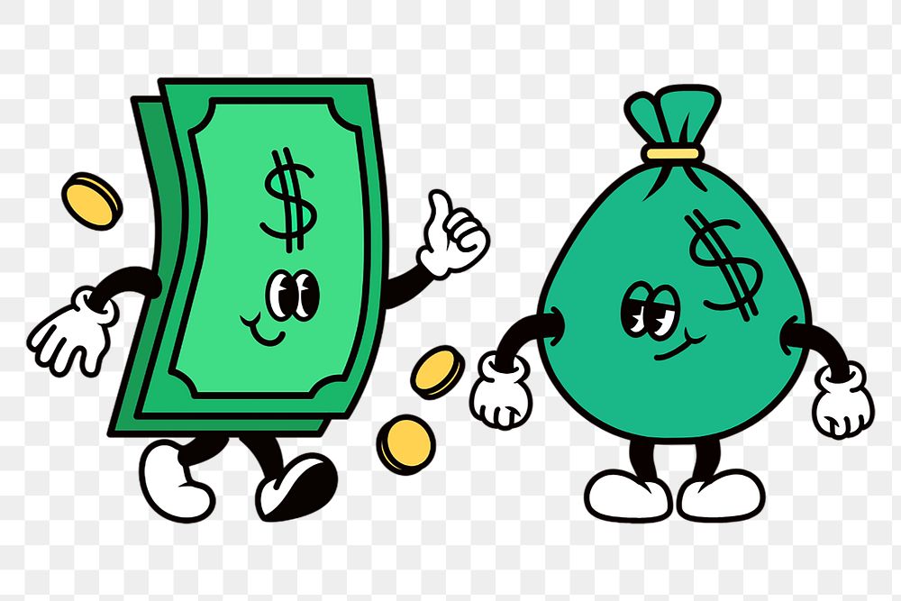 PNG Dollar bill & money bag, finance cartoon character illustration, transparent background
