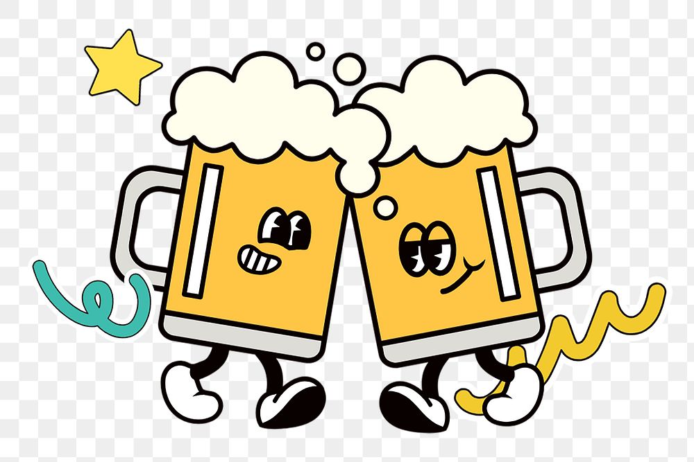 Clinking beer glasses png, funky cartoon illustration, transparent background