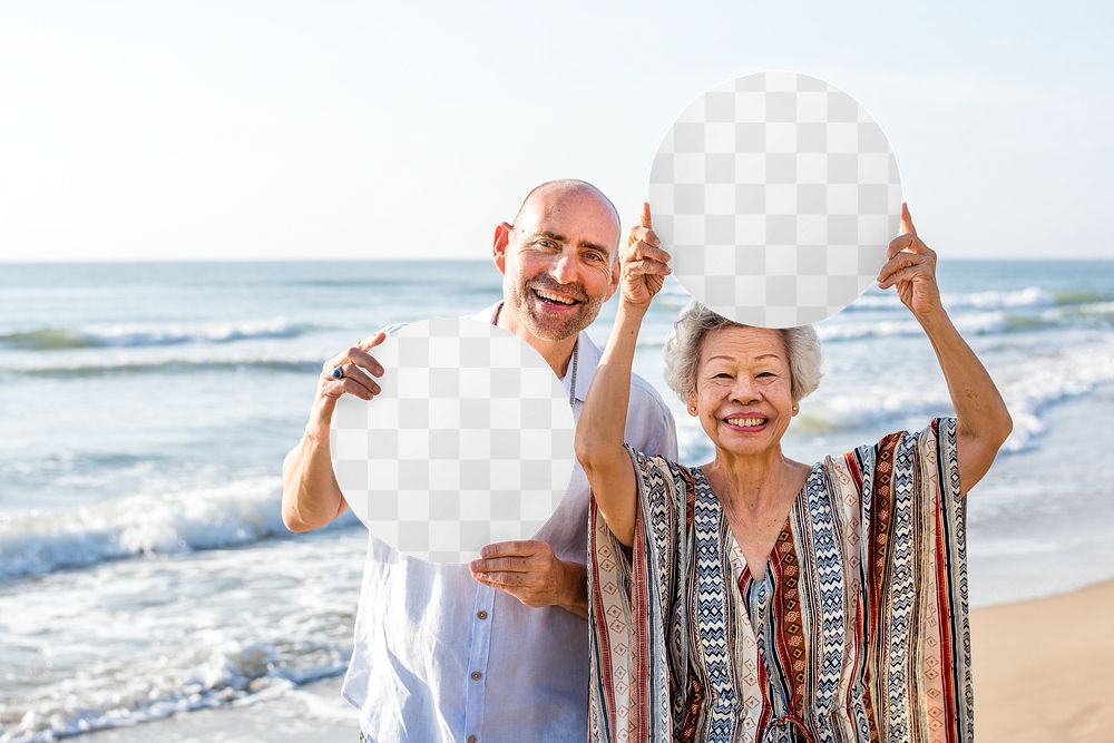 Couple holding signs png mockup, transparent design