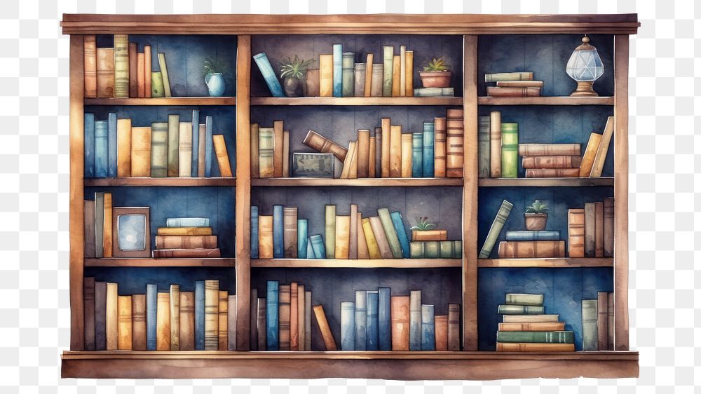 PNG Bookshelf furniture bookcase intelligence. AI generated Image by rawpixel.