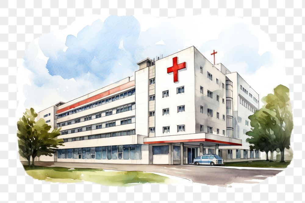 PNG watercolor illustration of hospital on a white paper background, isolated