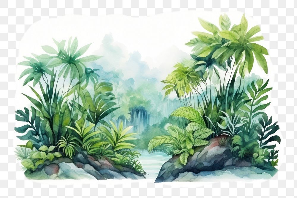PNG watercolor illustration of rainforest, isolated on a white paper background, isolated --ar 3:2