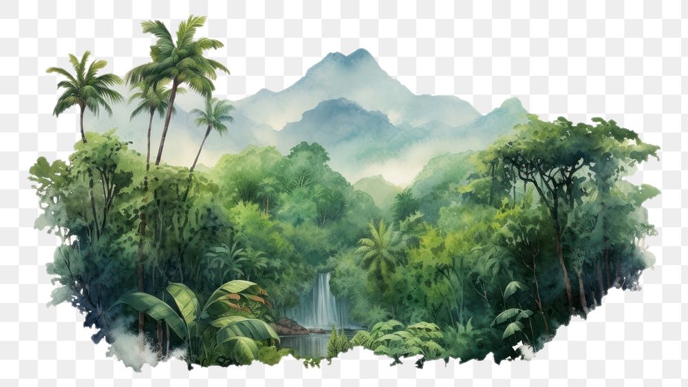 PNG watercolor illustration of rainforest, isolated on a white paper background, isolated --ar 3:2