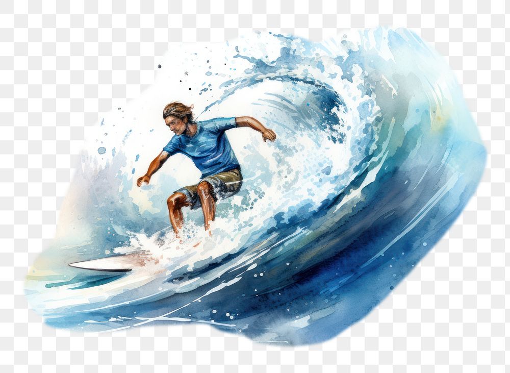 PNG watercolor illustration of surfing isolate illustration on paper --ar 3:2