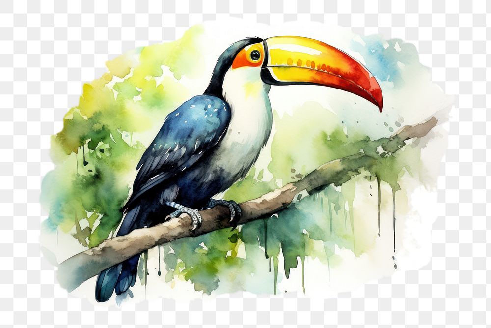 PNG watercolor illustration of Toucan tropical bird sitting on a tree branch in natural wildlife environment in rainforest…