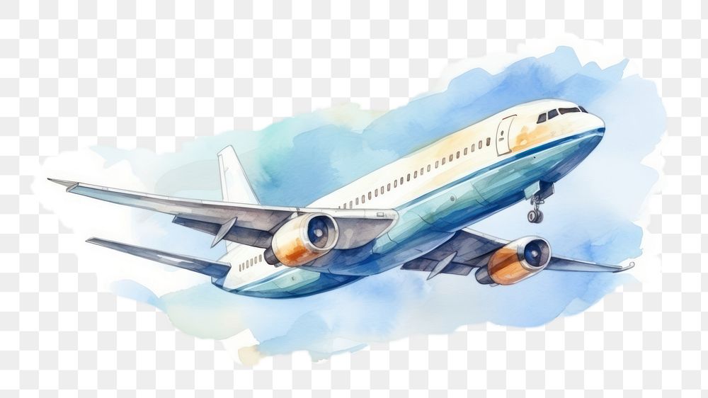 PNG watercolor illustration of travel, journey, plane, isolated on a white paper background, isolated --ar 3:2