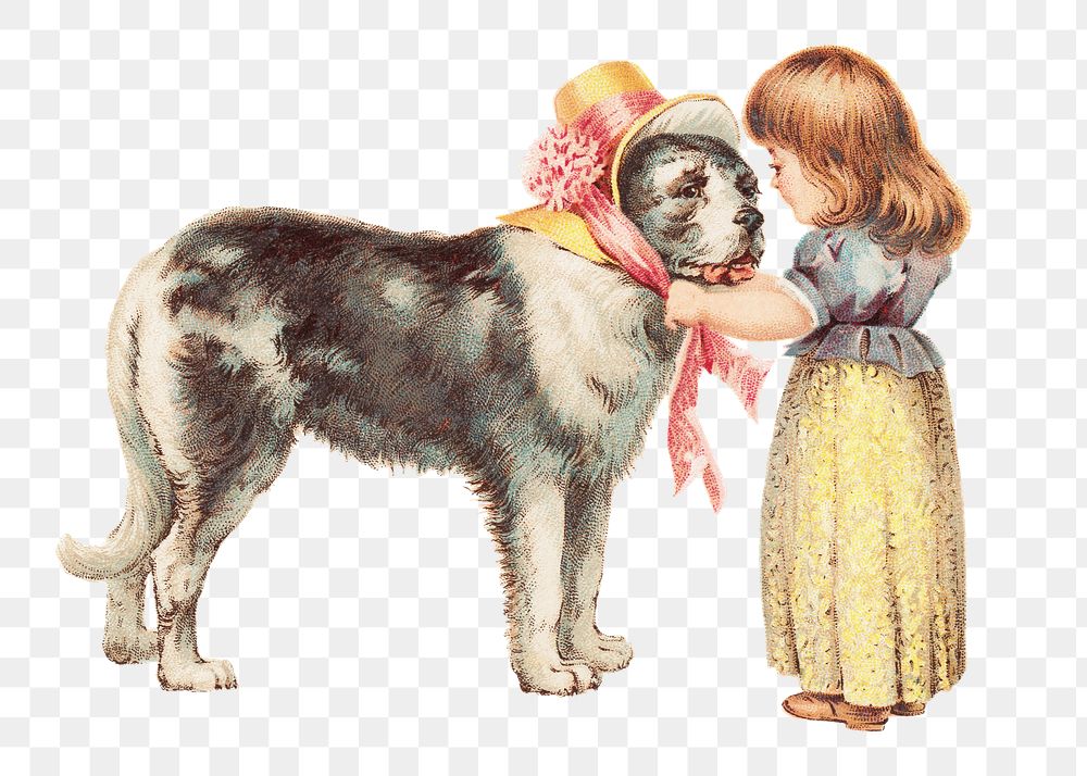 PNG Little girl & dog, vintage illustration, transparent background. Remixed by rawpixel.