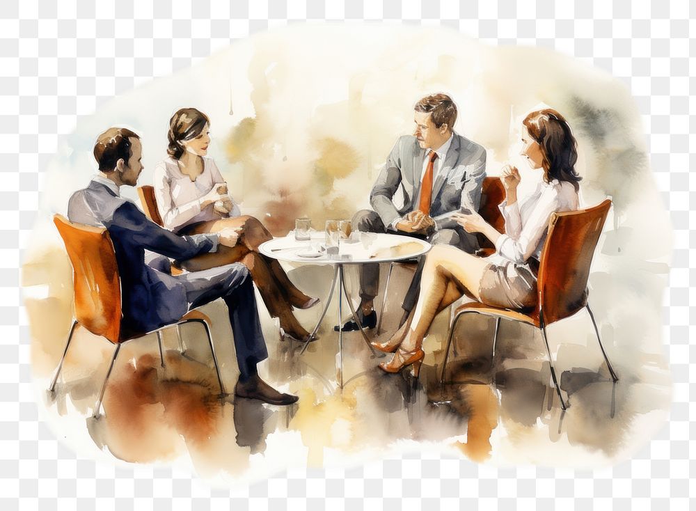 PNG people sitting in meetingroom watercolor paint, isolate illustration on paper talking --ar 3:2