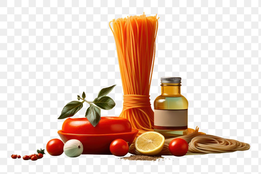 PNG photography, spagetti ingredients, studio shot, minimal, pop colors --ar 3:2