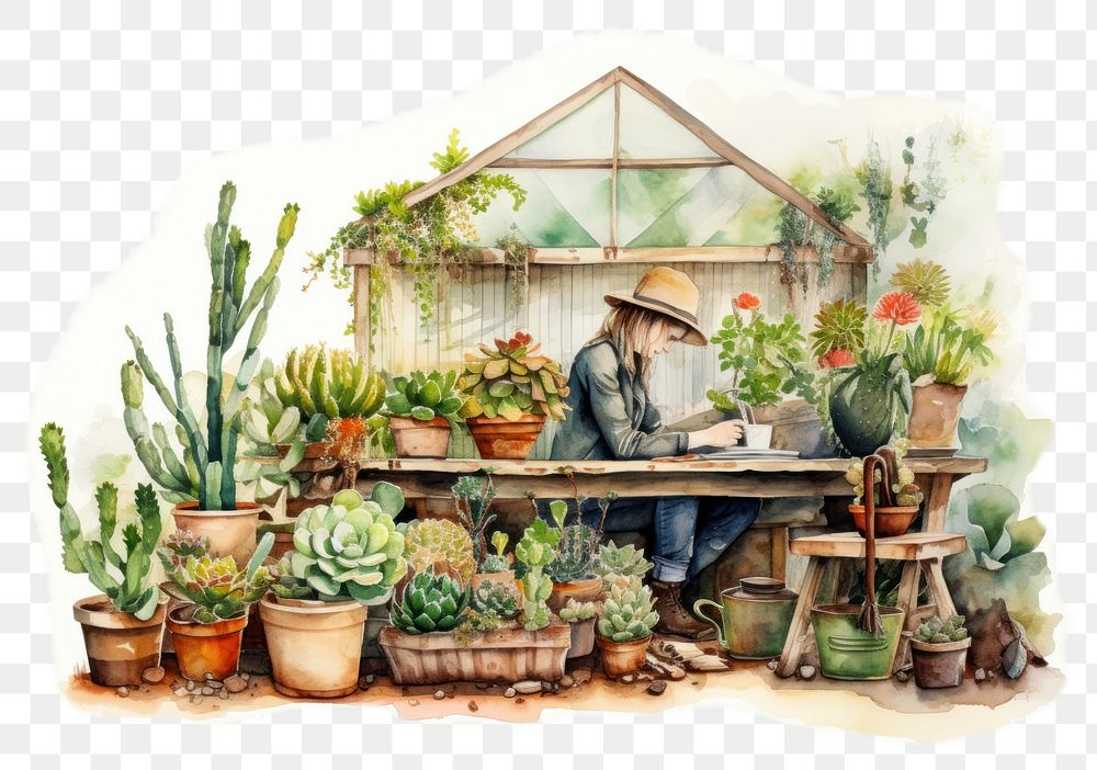 PNG watercolor illustration of gardening isolate illustration on paper --ar 3:2