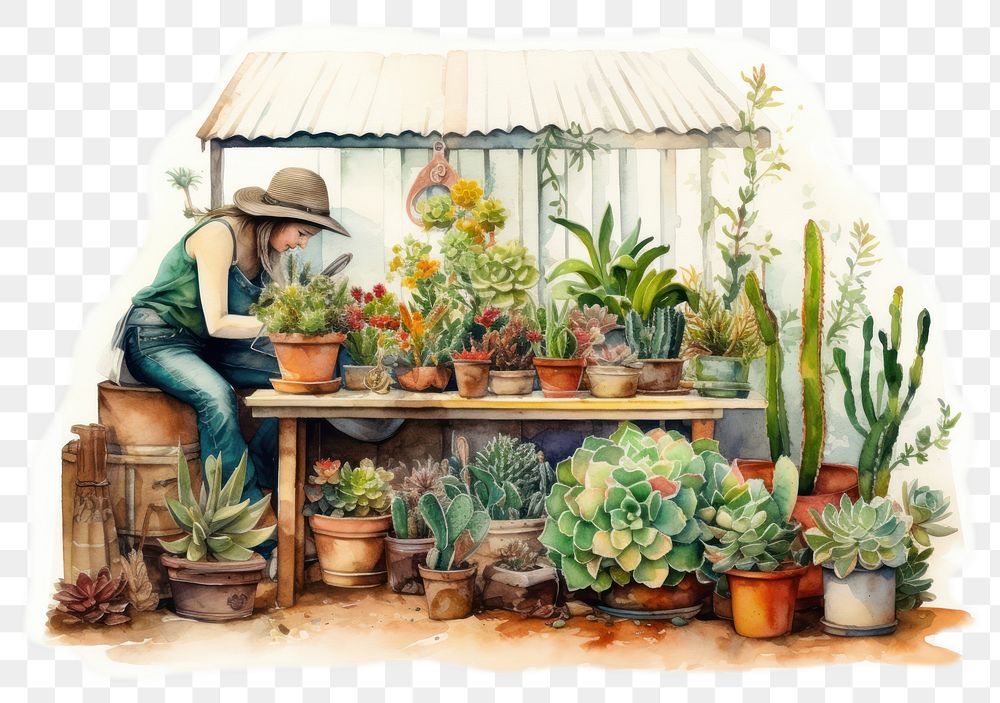 PNG watercolor illustration of gardening isolate illustration on paper --ar 3:2