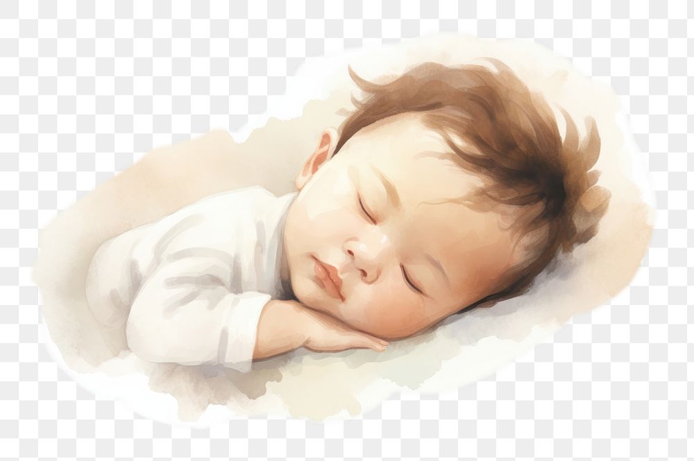 PNG minimal and clean watercolor illustration of a baby, sleeping, cute, isolated on solid background --ar 3:2
